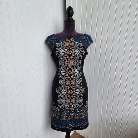 Maggie London Womens Black Blue Printed Sheath Dress Jersey Knit Cap Sleeve Sz 8 - Picture 1 of 16